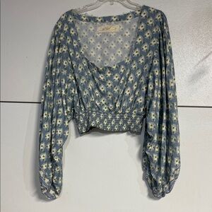 JENS PIRATE BOOTY OVERSIZED PUFF SLEEVE BLOUSE BLUE GREEN SMALL